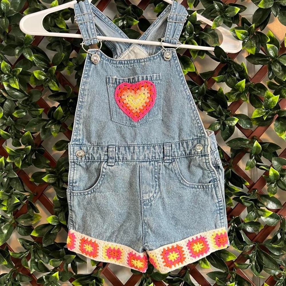 Cute crochet heart and granny square denim overalls Size 6